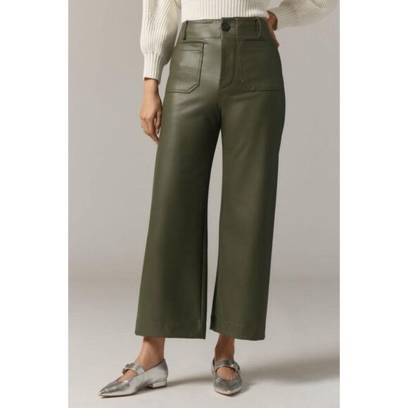 Anthropologie Maeve Colette Cropped Wide Leg Pants Faux Leather Holly Green 33